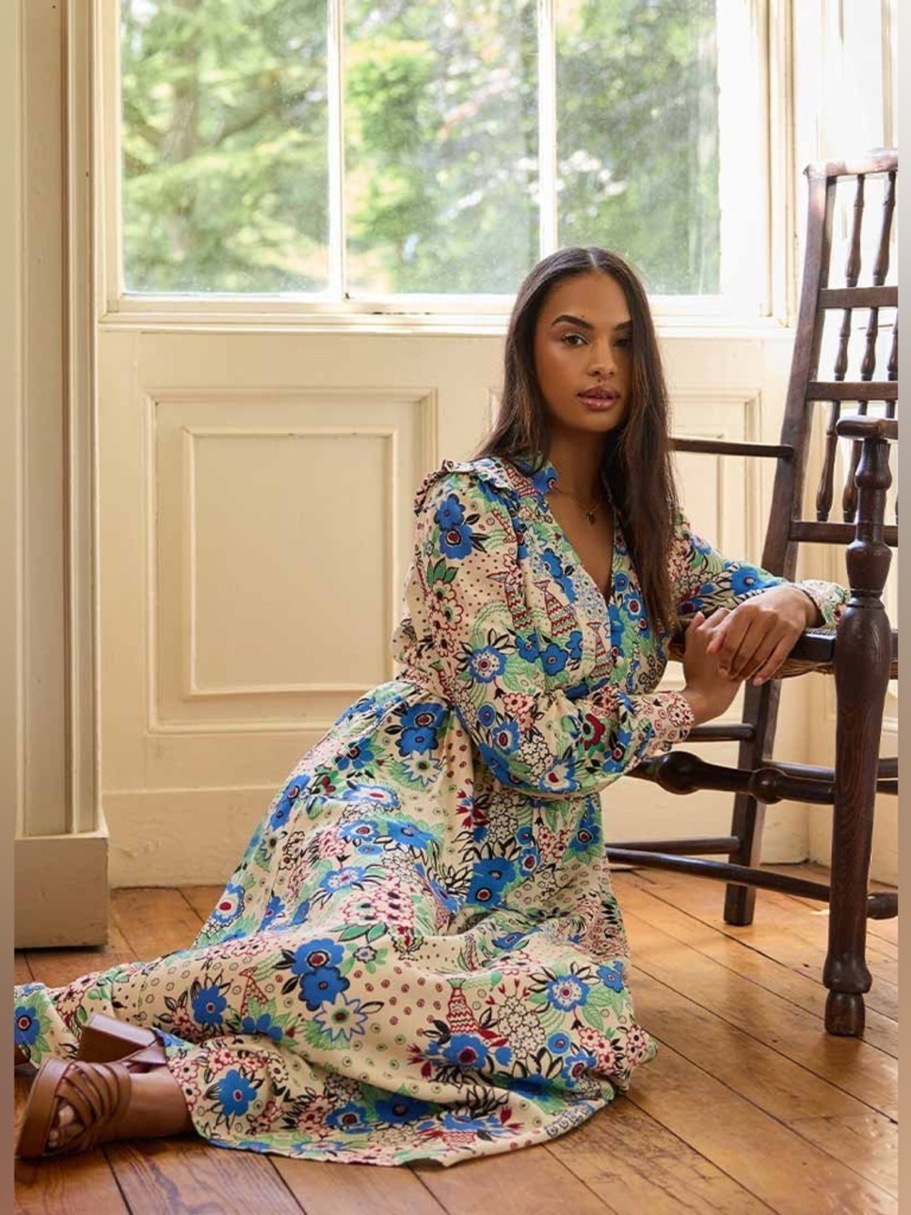 CELIA BIRTWELL X JOANIE Pretty Woman Floral Print Bell Sleeve Maxi Dress Size 10